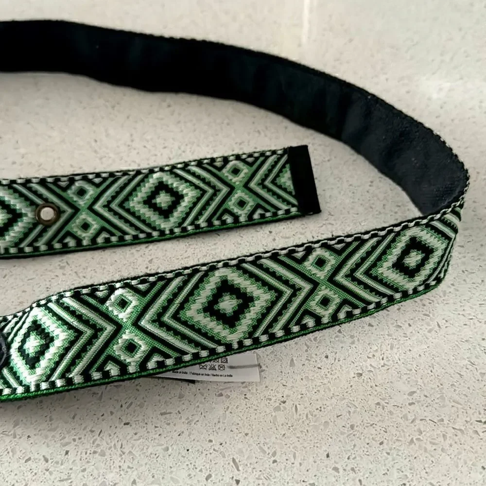NWOT Free People Moving to Mars Belt Cotton S/M Green Black Leather Cotton Retro